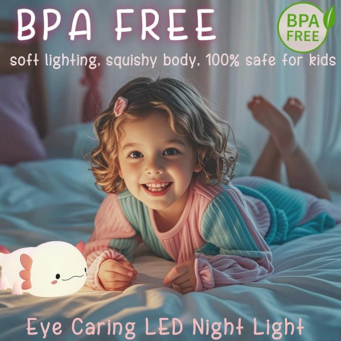 Axolotl Night Light for Kids, Cute Squishy Rechargeable Axolotls Lamp, Unique White Pink Xmas Axolotl Gifts, Dimmable LED Silicone Nightlight, Baby Safe, Girls Room College Dorm Décor - Bloomnest