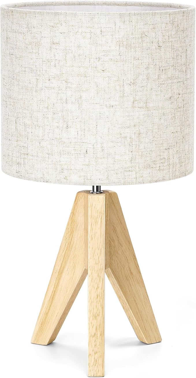 EDISHINE Small Table Lamp, Boho Bedside Lamp with Linen Fabric Shade, Wood Tripod Nightstand Lamp for Nursery, Living Room, Bedroom, Narrow End Table, UL Listed, 14.2 Inch, ON/Off Switch - Bloomnest