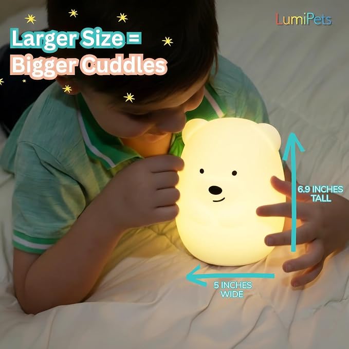 Lumipets Benny The Bear Squishy Silicone Night Light for Kids | Cute Night Light with Remote & Touch Control for Girls & Boys | 9 Color Changing Soft Portable Animal Lamp Comes with USB Cord - Bloomnest