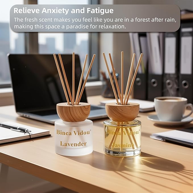 Reed Diffuser Set, Binca Vidou Lavender & Jasmine Natural Scent Oil Diffusers with Sticks for Home Office Bathroom Aromatherapy Decor 3.38oz x 2 - Bloomnest