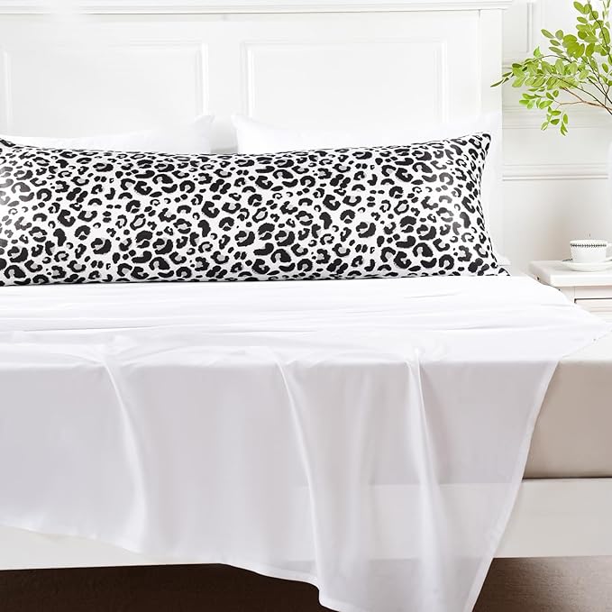 MR&HM Satin Body Pillow Cover, Soft and Breathable Body Pillow Case with Envelope Closure, Cooling and Silky Long Pillowcase for Hair and Skin,Grey (20x54, White Leopard) - Bloomnest