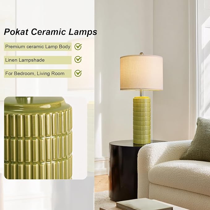 PoKat 27.5'' Tall Table Lamps for Living Room Set of 2, Mid Modern Century Ceramic Bedroom Lamps for Night Stands, Bedside Lamps for Bedroom, Nightstand Lamps for Side End Table Hallway, Green - Bloomnest