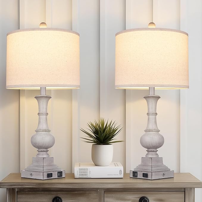Farmhouse Lamps Set of 2, 26" Vintage Rustic Touch Control Bedside Lamp with USB A+C Ports & AC Outlet, 3-Way Dimmable Boho Nightstand Lamp Washed Resin Linen Fabric Shade for Living Room Bedroom Grey - Bloomnest