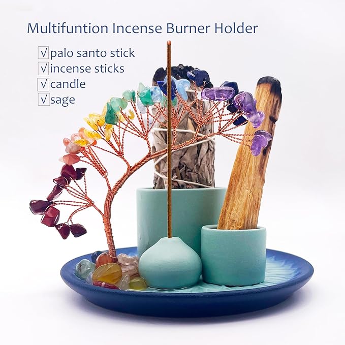 5 in 1 Incense Burner Holder with Crystal Tree for Burning Palo Santo Stick, Sage, Incense Sticks, Candle, Ceramic Tray Ash Catcher, Meditation Gift (Sky-Blue) - Bloomnest