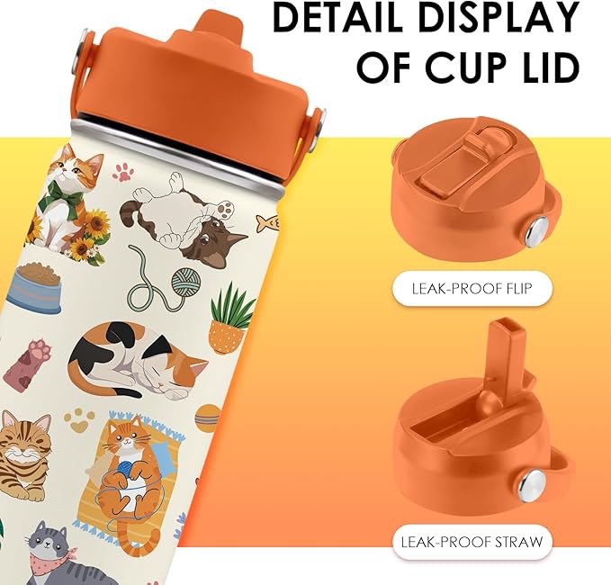 Cat Gifts for Kids - 16 Oz Orange Cat Water Bottle with Straw Lid, Stainless Steel Insulated Tumbler, Leak Proof, for Boys & Girls, School, Travel - Funny Cats Lovers Children Birthday Gifts Cups(1pc) - Bloomnest