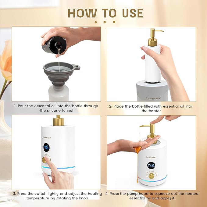 CHARMKEY Massage Oil Warmer White, 2 Oil Bottle Dispensers & 2 Silicone Funnels, Digital Heater for SPA, Oil Lotion Cream for Salon, Barber Shops, Home - Bloomnest