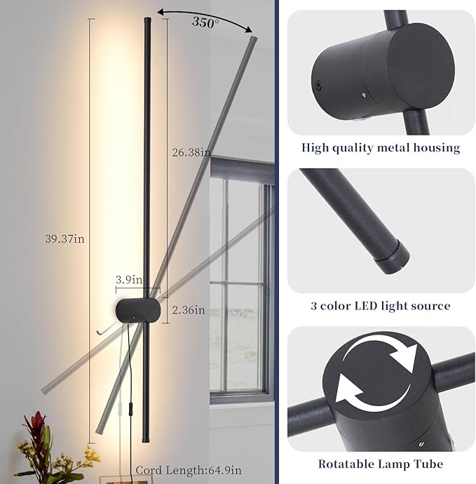 Dimmable Plug in Wall Sconce Set of 2,Black 39.37" LED Wall Light with Remote,Adjustable Color Temperature Brightness,Wall lamp with Timer for Living Room,Bedroom and Accent Lighting - Bloomnest