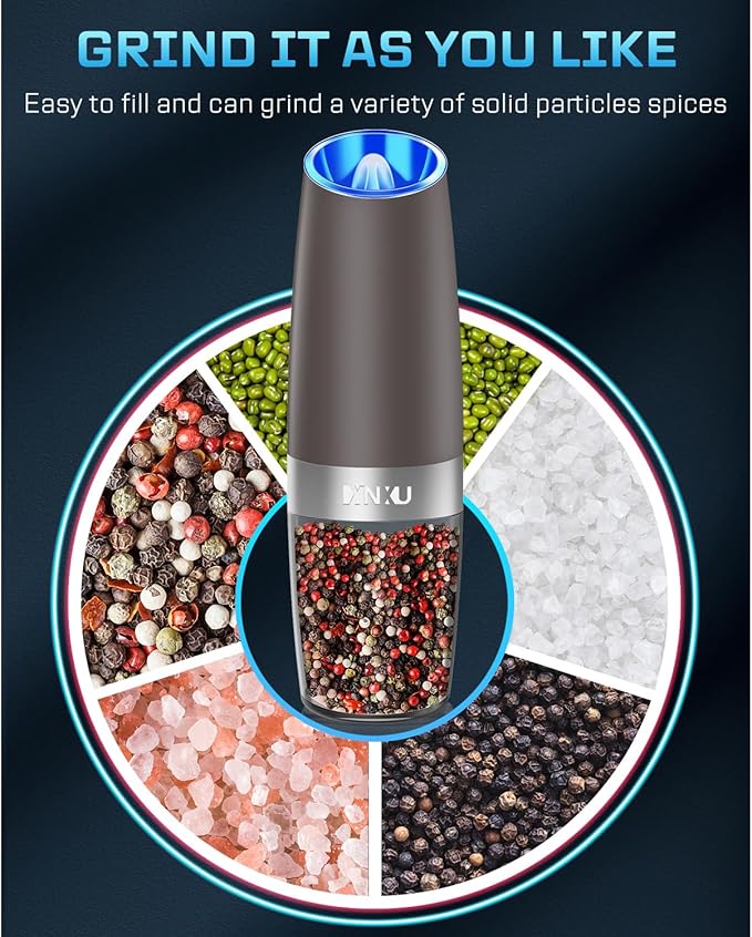XinXu Gravity Electric Pepper and Salt Grinder Set, Adjustable Coarseness, with LED Light, One Hand Automatic Operation (Set/Brown X) - Bloomnest