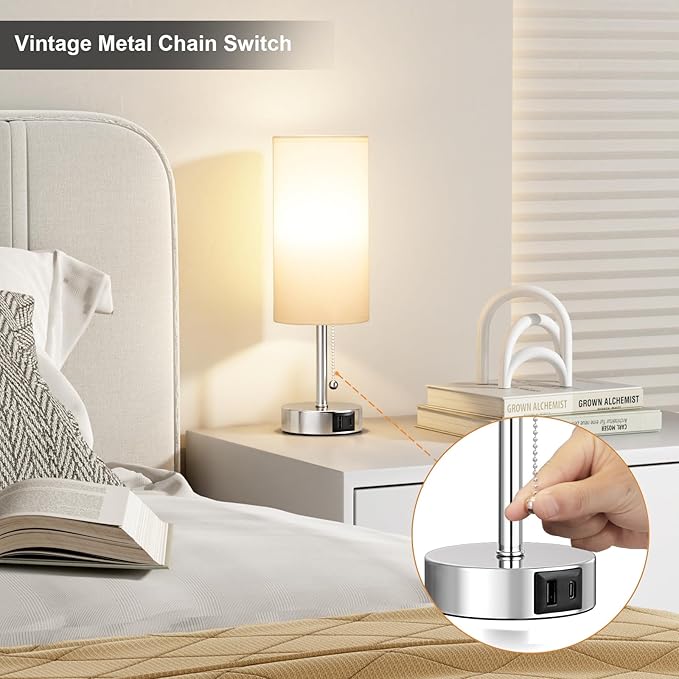 White Table Lamp for Bedroom Nightstand - Small Lamp with USB A + C Charging Port, 3 Color Temperatures Pull Chain Night Stand Light, Silver Base Desk Reading Lamp for Living Room - Bloomnest