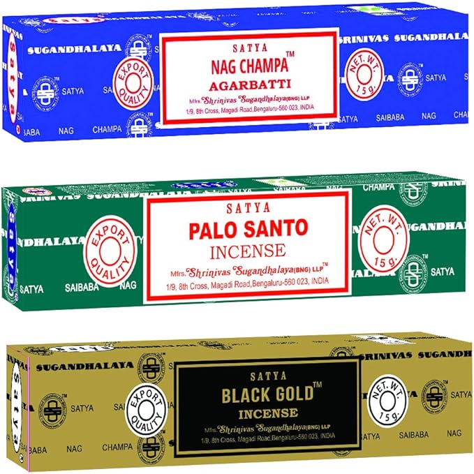 Satya Meditation Mix Incense Sticks 3-Pack Assortment | Slow-Burning, Long-Lasting Nag Champa, Palo Santo & Black Gold (15g Each) Satya