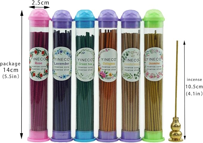 300PCS Incense Sticks Lavender Rose Jasmine Sandalwood Green Tea Colognes 6 Popular Incense Flavors Great for Aromatherapy(Colorful) YINECO