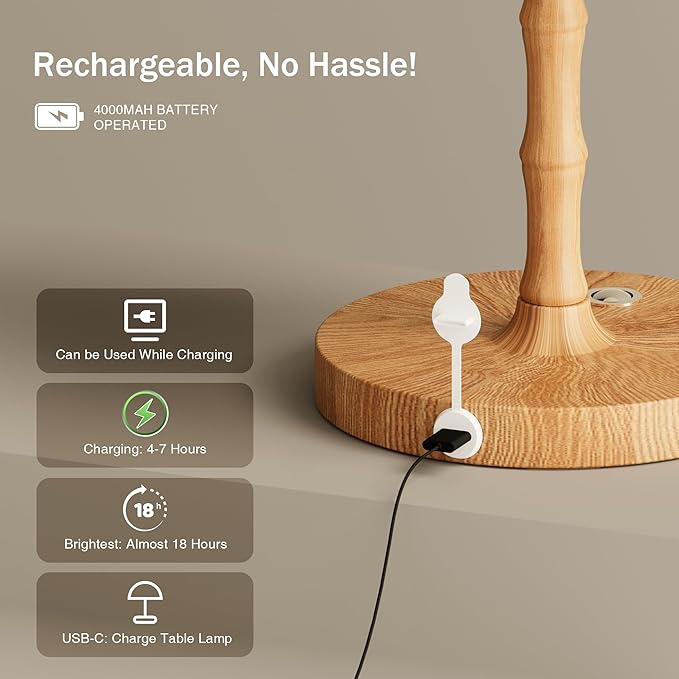 Table Lamp Bedside Desk Lamp,Cordless Rechargeable Battery Operated Lamps for Bedroom Night Stands,3 Colors Touch Dimmable Small Table Kitchen Lamps for Living Room,4000mAh LED (Fabric Shade) - Bloomnest