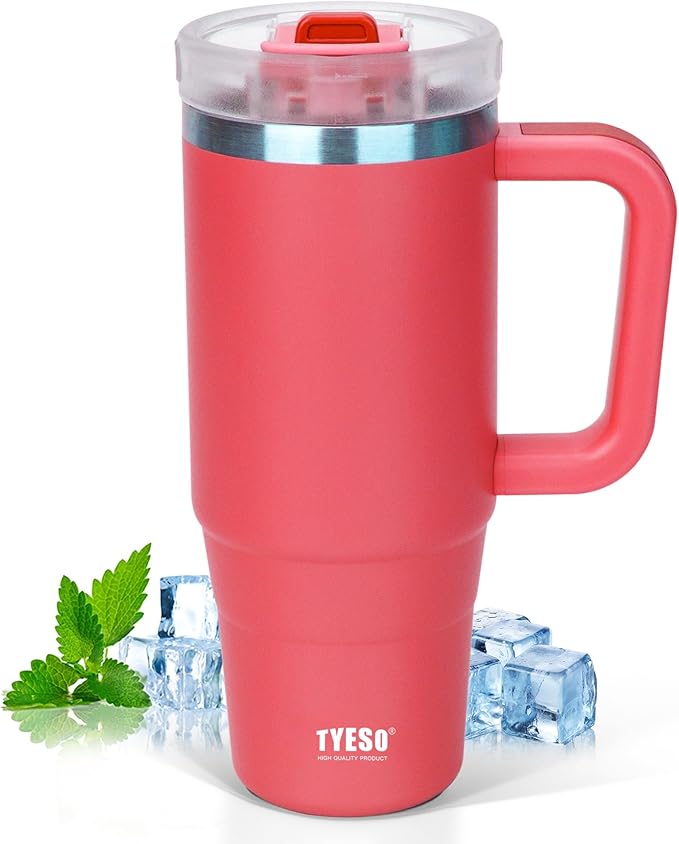 Tyeso 40 oz Tumbler with Handle, Straw and Lid - Leak Resistant Insulated Stainless Steel Water Bottle, Car Cup Holder Friendly Travel Coffee Mug Rose - Gifts for Men & Women - Bloomnest
