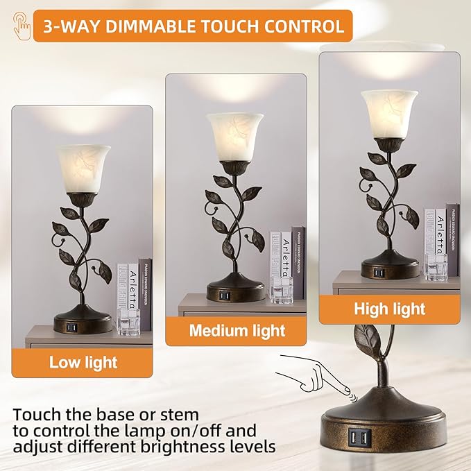 RORIANO Touch Bedside Table Lamp, Vintage Nightstand Lamp with 2 USB Ports for Living Room, 3 Way Dimmable Leaf Lamp Retro Table Lamp for Bedroom with White Glass Shade, LED Bulb Included - Bloomnest