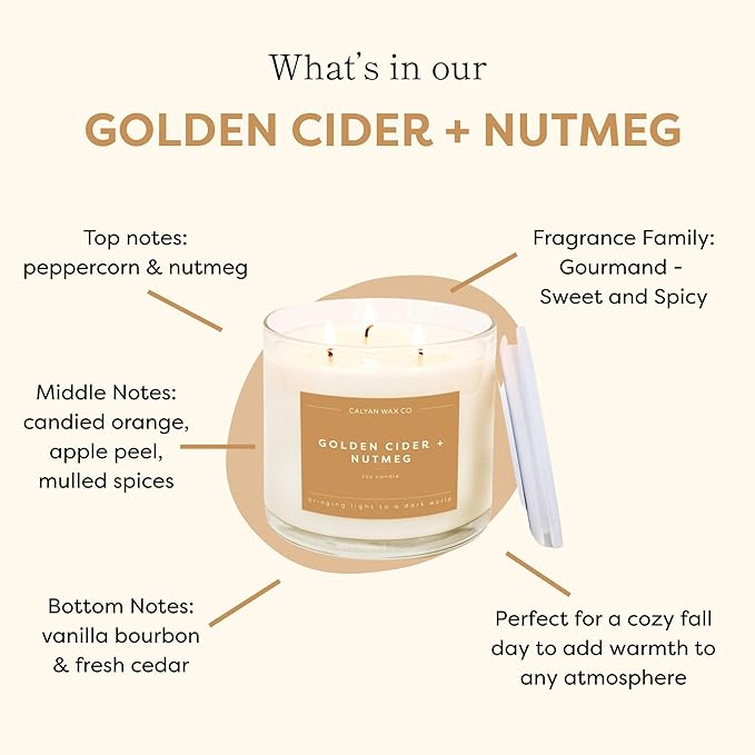 Calyan Wax Co. Golden Cider & Nutmeg 3 Wick Scented Candle - 43 Hour Burn - Luxury 3 Wick Soy Candles - Non Toxic Soy Wax Candles - Long Lasting Large Glass Jar Candle for Home - 14.9oz - Bloomnest