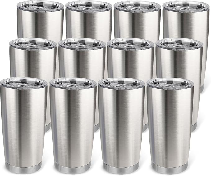 20oz Stainless Steel Tumbler Bulk with Lid, Travel Mug - Double Wall Vacuum Powder Coated Cup - Stainless steel, 12 Pack - Bloomnest