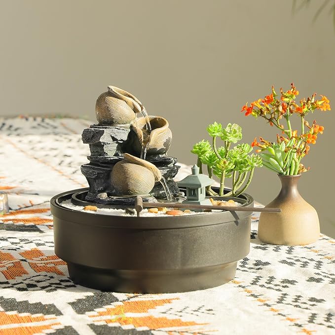 Tabletop Water Fountain with LED Lights & Pagoda, 3 Tiers Crocks Cascading Design,Artificial Flowers, White Stones and Rake, Zen Decor for Office/Living Room/Bedroom/Study (8.5" H)