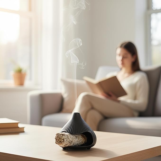 Retro Ceramic Palo Santo Holder, Sage Smudge Burner, Mini Fireplace Mount Fuji Chimney Incense Ash Catcher, Boho Zen Meditation Home Decor Gift (Matte Black) Bloomnest