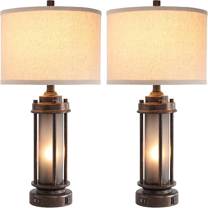 Set of 2 Farmhouse Lamps for Living Room, Rustic Vintage Bedroom Nightstand Table Lamp with 2 USB Charging Ports, Built-In Frosted Glass Night Light for End Table Entryway, 4 Bulbs Included (Bronze) - Bloomnest