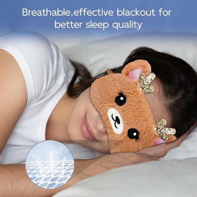 Cute Animal Sleeping Mask Sleep Mask, Xmas Reindeer Soft Plush Eye Mask for Travel Nap Funny Rudolph Blindfold Eye Cover Eyeshade for Adult Kids Girls Teens Men Women - Reindeer, Gold & Brown - Bloomnest