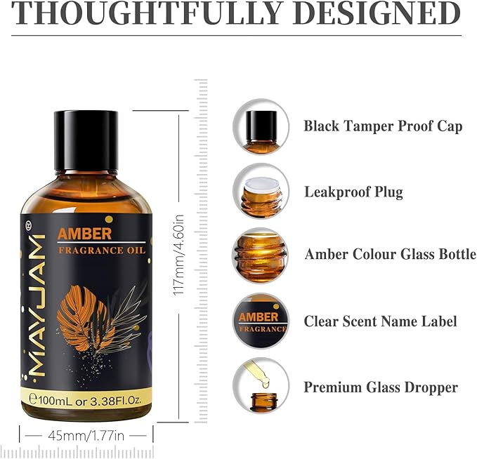 Amber Fragrance Oil Essential Oil, MAYJAM 3.38FL.OZ Amber Oil for Diffusers for Home, Long Lasting Scented Oils for Soap Candle Making - 100ML MAYJAM