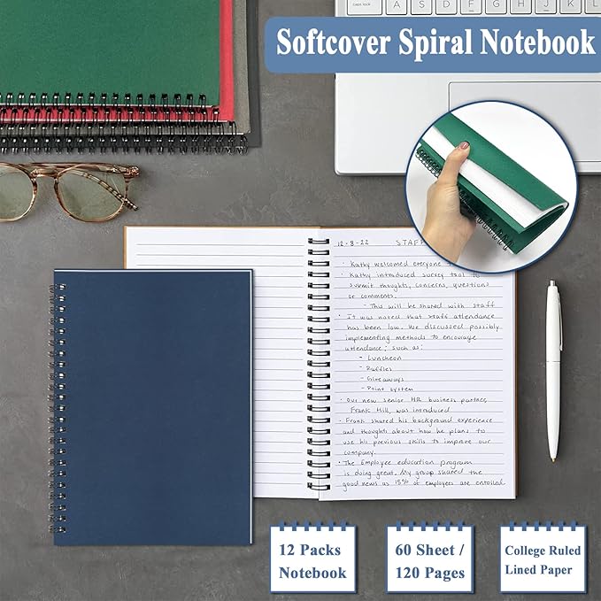 GINMLYDA 12Pack Small Spiral Notebook A5, 8.25x5.5” 120 Lined Pages Wide Ruled Spiral Journal Bulk Blank Kraft Cover Spiral Bound Notebook & Writing Pads for Home Office Meeting Work Note Taking - Bloomnest