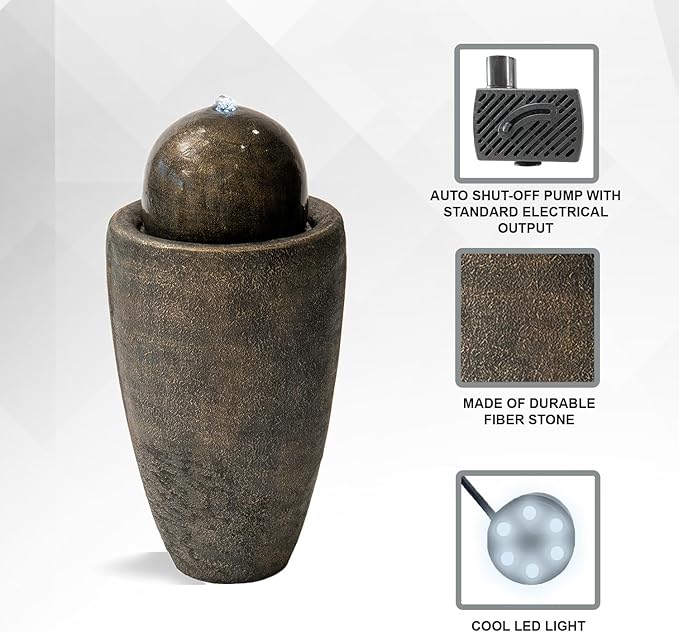 XBrand 25.98" H Round Stone Indoor/Outdoor Modern Stone Textured Sphere Water Fountain w/LED Lights, Bronze - Bloomnest