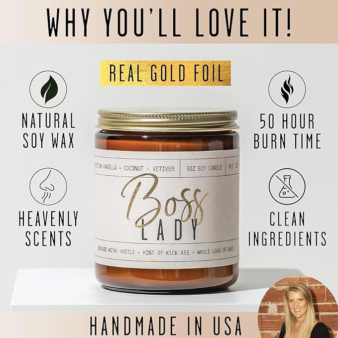 Boss Lady Gifts for Women - Soy Candle, w/Vanilla, White Coconut & Vetiver I Best Boss Gifts for Women/Girl/Female I Bosses Day Gift I 9oz Jar, 50Hr Burn Time, Made in USA - Bloomnest