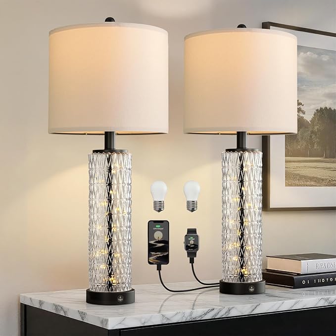 Oneach 27.75” Table Lamps Set of 2, Black Modern Bedside Lamp with LED Night Light, USB A+C, Glass Lamps for Living Room, Bedroom, Nightstand, Office, End Table (2 Bulbs Included) - Bloomnest
