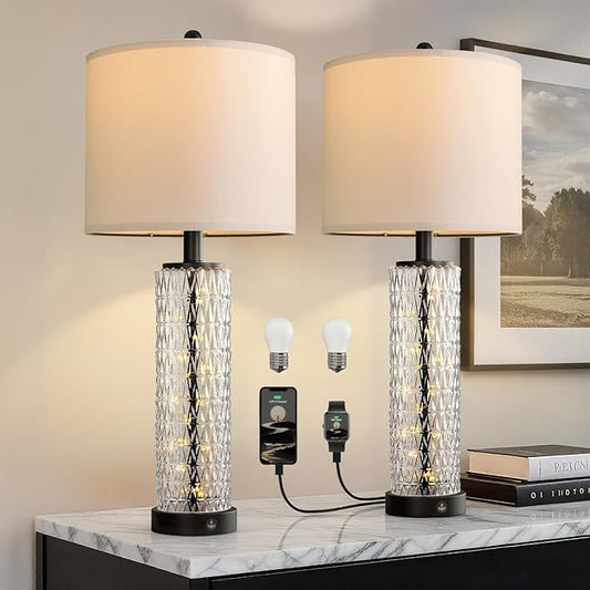 Oneach 27.75” Table Lamps Set of 2, Black Modern Bedside Lamp with LED Night Light, USB A+C, Glass Lamps for Living Room, Bedroom, Nightstand, Office, End Table (2 Bulbs Included) - Bloomnest