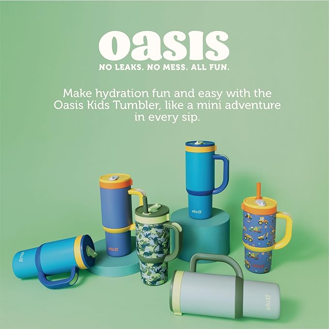 Ello Oasis 14oz Stainless Steel Toddler Tumbler with Handle & Retracting Straw, 100% Leakproof, Double-Wall Vacuum Insulated, Kids Water Bottle for School, BPA Free, Dishwasher Safe, Construction - Bloomnest