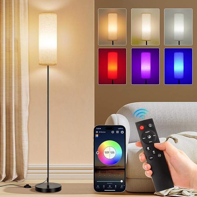FRIDEKO HOME Floor Lamps for Living Room, Dimmable 3 Colors Temperature, Modern Corner Floor Lamp with Remote, Tall LED Standing Lamps for Kid Room Bedroom, Foot Switch, Beige Shade, 9W Smart Bulb - Bloomnest