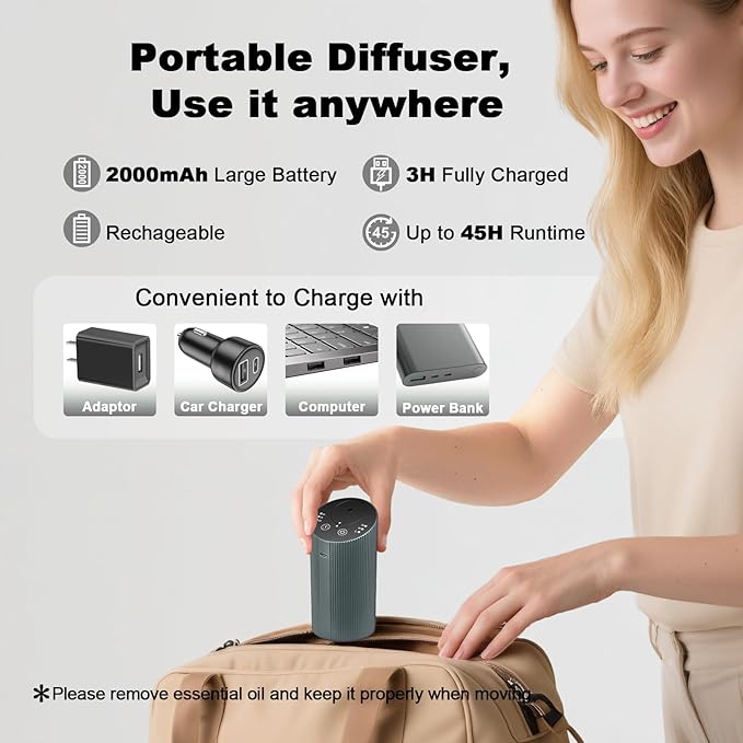 Waterless Essential Oil Diffuser for Home Car Office, Scent Diffuser with 4 Timer (1/3/6H & Off) & 3 Mist(L/M/H), Rechargeable Aromatherapy Diffuser, Portable Mini Air Aroma Diffuser, Silver Grey - Bloomnest