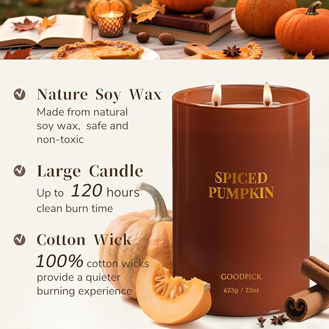 Goodpick Spiced Pumpkin Candles, Fall Scented Candles for Home, 22oz Soy Wax, Warm Cinnamon & Clove 120hrs, Cozy Autumn Gift - Bloomnest