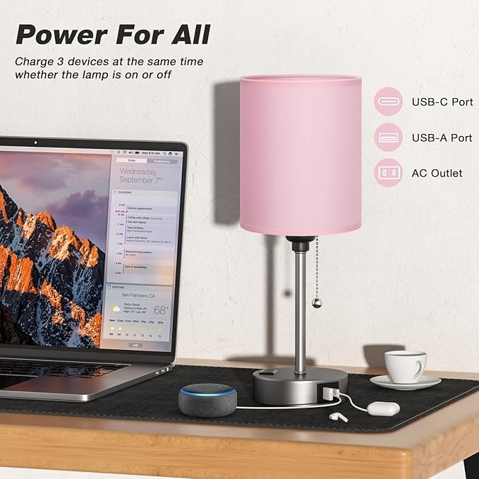 Pink Bedroom Lamp for Bedside - 3 Color Temperatures Desk Lamp with USB C and A Ports, Pull Chain Table Lamp with AC Outlet, Nightstand Lamp with Silver Metal Base for Kids Girls - Bloomnest