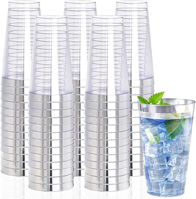 I00000 16 oz Silver Plastic Cups, 100 Pack Clear Plastic Cups,Silver Rimmed Disposable Cup, Heavy-duty Disposable Tumblers Perfect for Party, Holiday, Wedding & Birthday - Bloomnest
