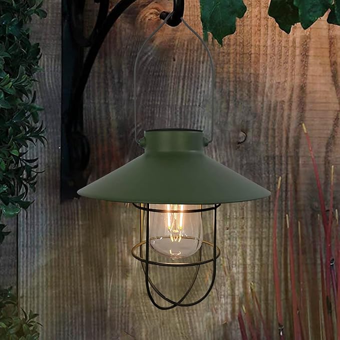 pearlstar Solar Lantern Outdoor Hanging Light Metal Farmhouse Solar Lamp with Warm White Edison Bulb Design for Garden Yard Patio Proch Decor(Green) - Bloomnest