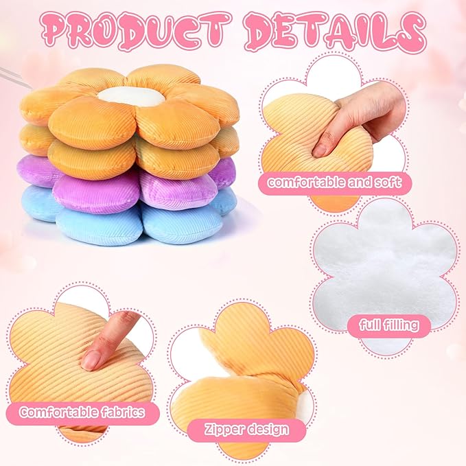 Reginary 4 Pcs Flower Floor Pillows Cute Plush Flower Throw Pillows Daisy Floor Seat Cushion Chair Pads for Christmas First Day of School for Sofa Couch Bed Decor(15 Inch,Bright Color) - Bloomnest