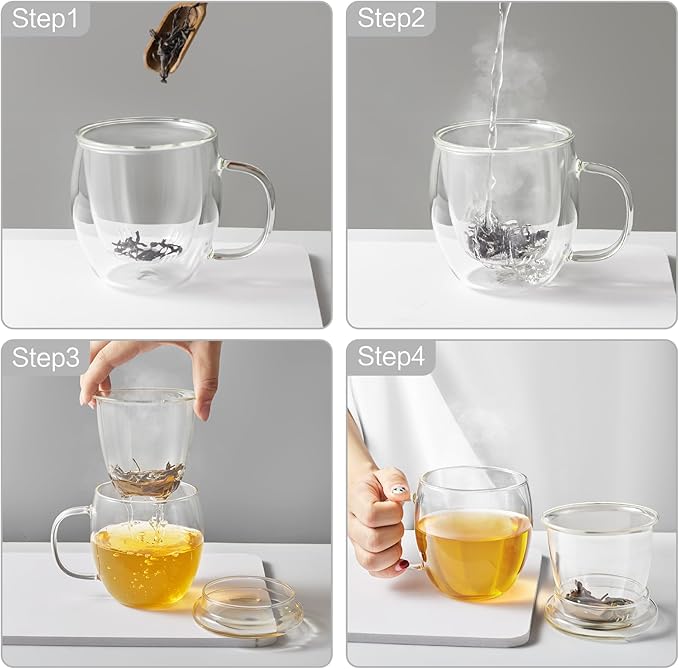 Lezero Glass Tea Cups with Infuser and Lid Kit, Heat Resistance Teacup with Filter for Brewing Blooming & Loose Leaf-Tea, Lead-free, Microwave & Dishwasher Safe, 17oz - Bloomnest