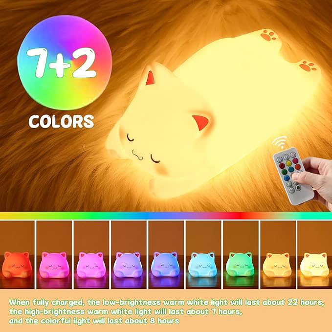 Tremdwoto Cat Night Light for Kids,Cute 7 Colors Baby Girl Squishy Night Lights Lamp with Timer Kitty Light Dimmable Nursery Lamp USB Charging Bedroom Deco Nightlight r，Gifts for Boys and Girls - Bloomnest