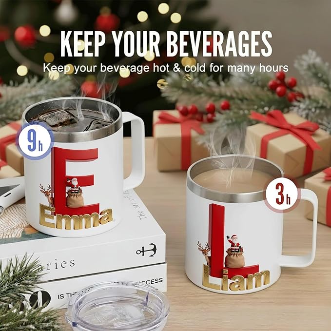 Personalized Christmas Insulated Coffee Mug with Handle – Custom Initial Letter Double Wall Stainless Steel Travel Tumbler for Hot & Cold Drinks – Unique Holiday Gift for Men, Women, & Kids(B111) - Bloomnest