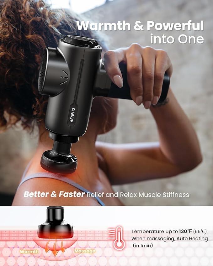 RENPHO Massage Gun with Heat, Portable Muscle Percussion Massager with Bluetooth for Back and Neck, 5 Replaceable Heads, Carry Case, Gifts for Men Women - Bloomnest