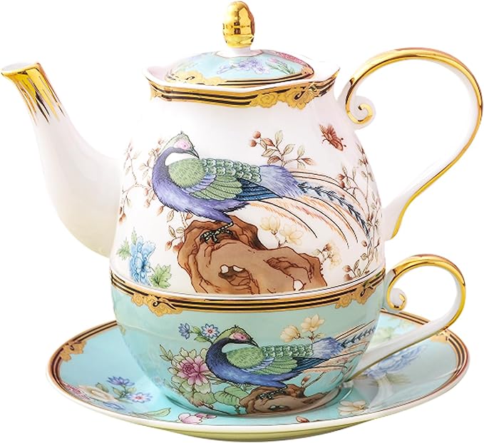 ACMLIFE Tea Set For One - Bone China Teapot & Cup, Vintage Floral Design, 12 Oz, Blue & White, Gifts For Women (Light blue) - Bloomnest
