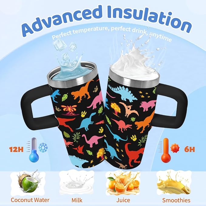 14oz Dinosaur Tumbler with Handle and Straw for Kids, Stainless Steel Vacuum Insulated Tumblers, Fathers Day Birthday Gifts for Boys, Dinosaur Lover Gifts for Son, Men, Cartoon Style - Bloomnest