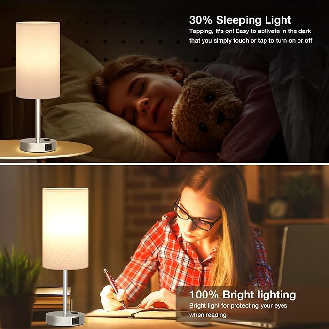 17.4Inch Bedside Touch Table Lamps for Bedroom - Tall Nightstand Lamp with USB-C USB-A Charging Ports White - 3 Way Dimmable Small Desk Lamp for Office, Dorm Room, Living Room, Reading - Bloomnest