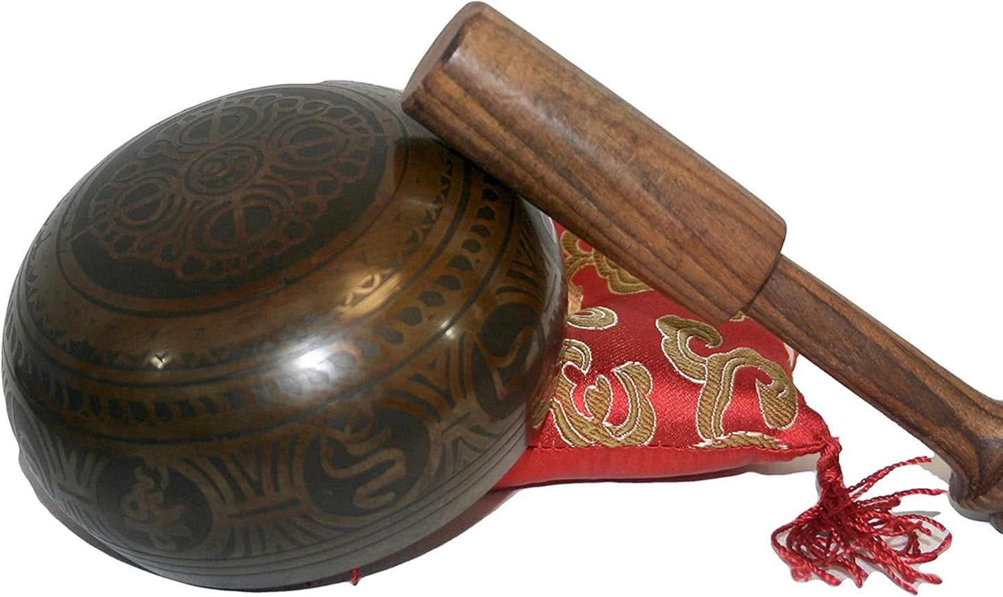 3380 SB Tibetan Auspicious Symbol Singing Bowl Set ~ Mallet Cushion Meditation Chakra Healing Prayer Yoga Mindfulness (SB-3380-G)