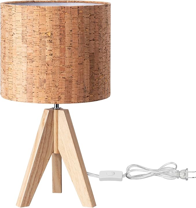 EDISHINE Small Table Lamp, Wooden Tripod Nightstand Lamp with Bark Linen Shade, Farmhouse Bedside Lamp for Nursery, Bedroom, Kids Room, Office, Reading Desk, 14.2 Inch, E26 Socket, ON/Off Switch - Bloomnest