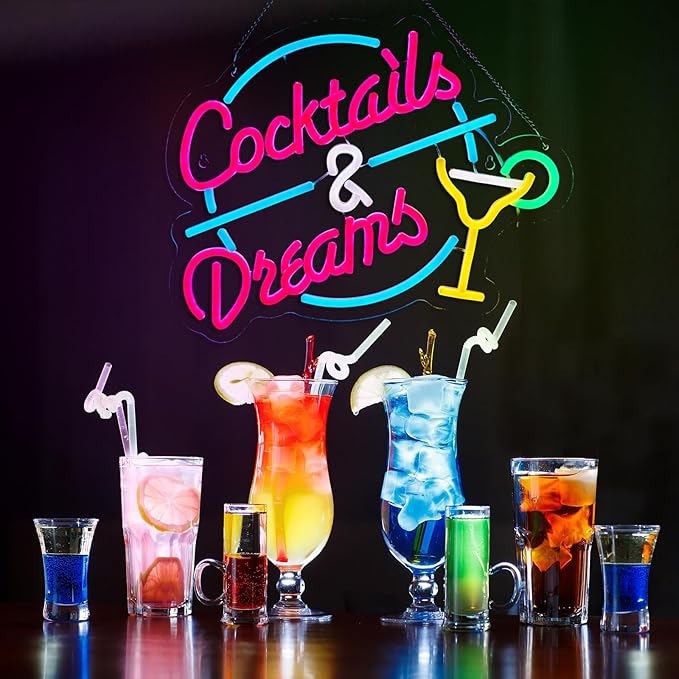 Cocktails and Dreams Neon Sign for Wall Decor Beer Bar Neon Light Smart plug timer compatible USB-Powered Perfect for Home Bars, Pubs & Restaurants (15.4x12.6 Inches) - Bloomnest