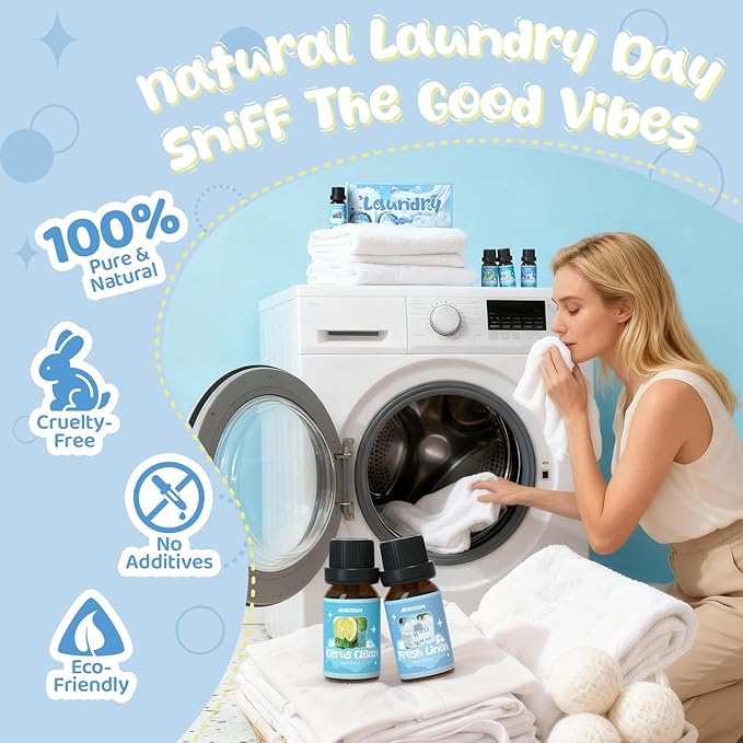 ARVIDSSON Laundry Collection Essential Oil Set, Natural Clean Essential Oils for Diffuser, Use with Wool Dryer Balls - Fresh Linen, Citrus Clean, Laundry Day, Chamomile Bliss, Lavender Field, Minty - Bloomnest