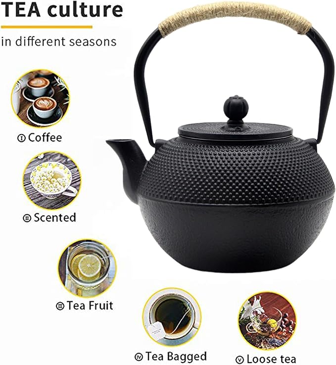 YJX 40.6oz Cast Iron Teapot Set with Warmer, Japanese Tea Set for Stovetop, 1200ml Black Tea Pot and Tea Cups Set, Tea Kettle with Infuser for Loose Leaves, Enameled Asian Teapot Sets for Adults - Bloomnest